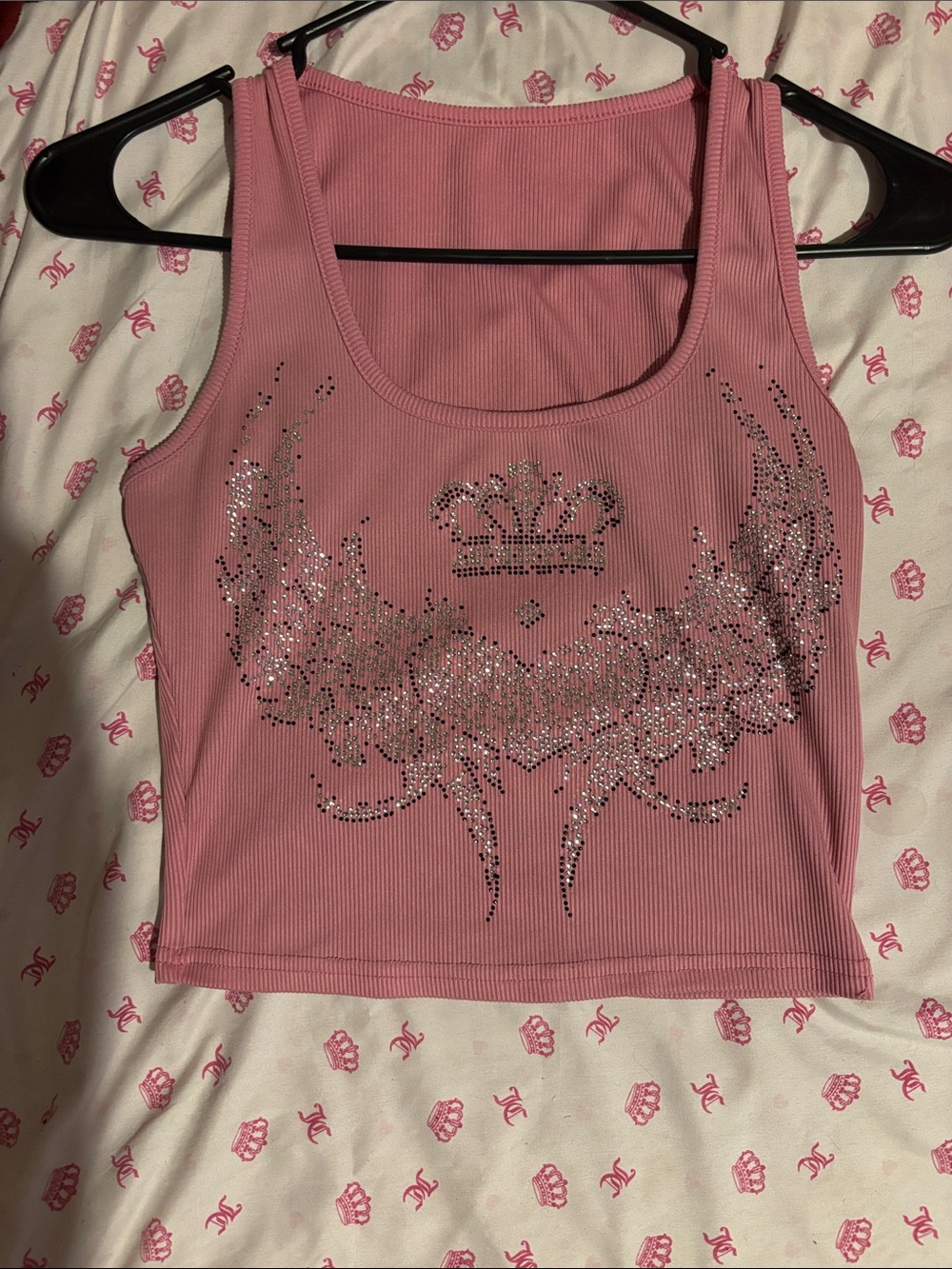 SHEIN Pink Ribbed Rhinestone Crown Tank Top